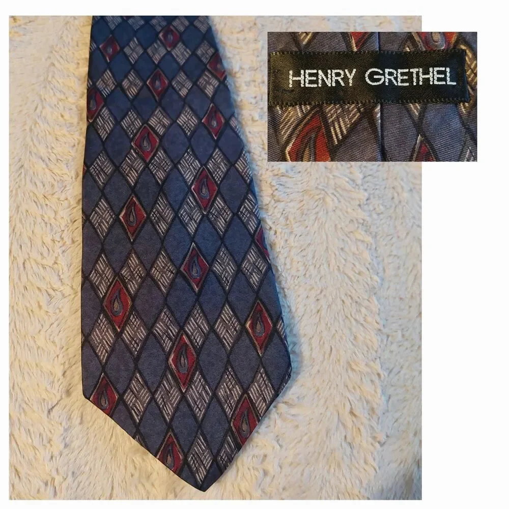 Henry Grethel Men's Tie Blue Burgundy Gray Diamond Pattern